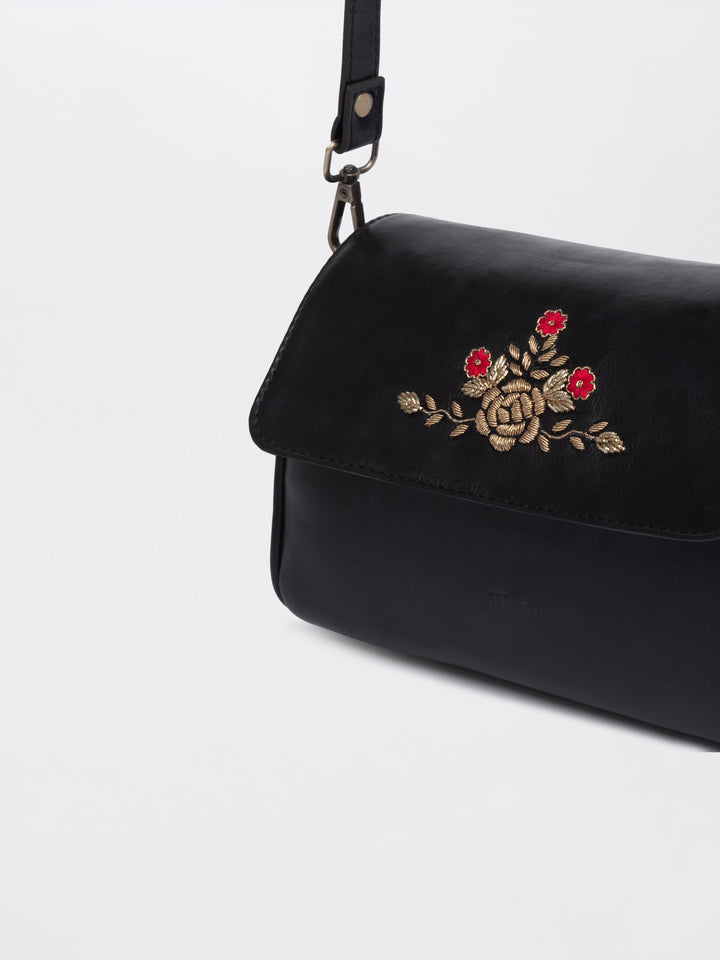 Zari Roses Retro Style Flap Sling - Black