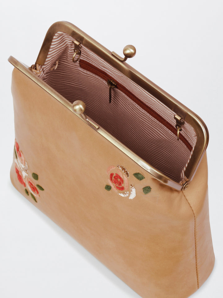Three Roses - Hand Embroidered Vintage Clutch - Beige