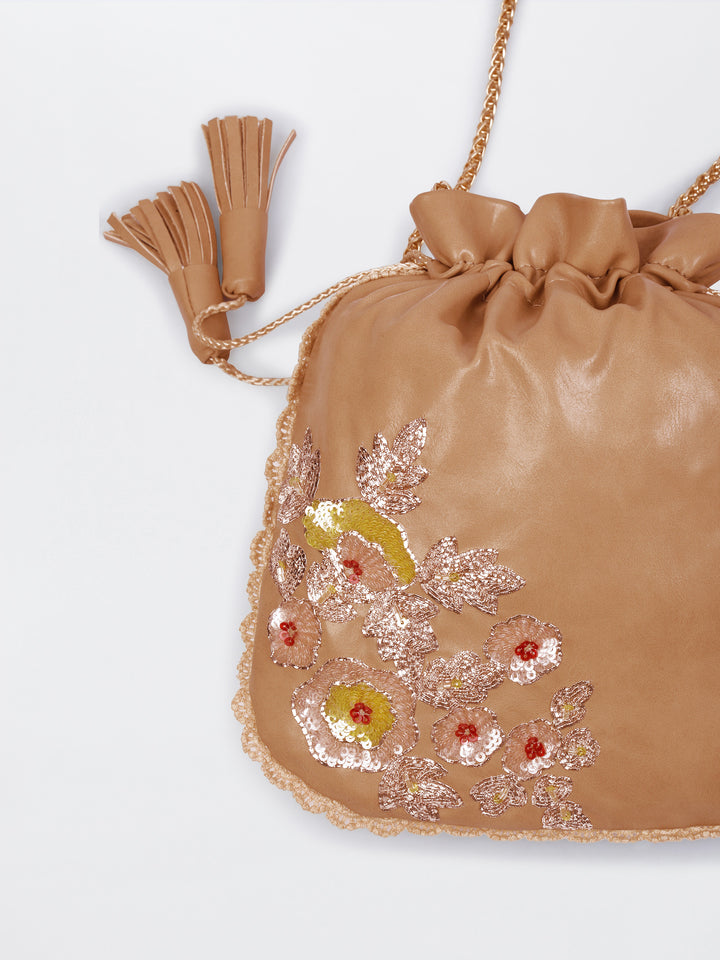 Beige Hand Embroidered Dabka Pitta Roses Potli Bag