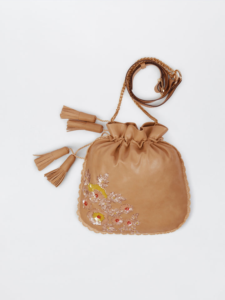 Beige Hand Embroidered Dabka Pitta Roses Potli Bag