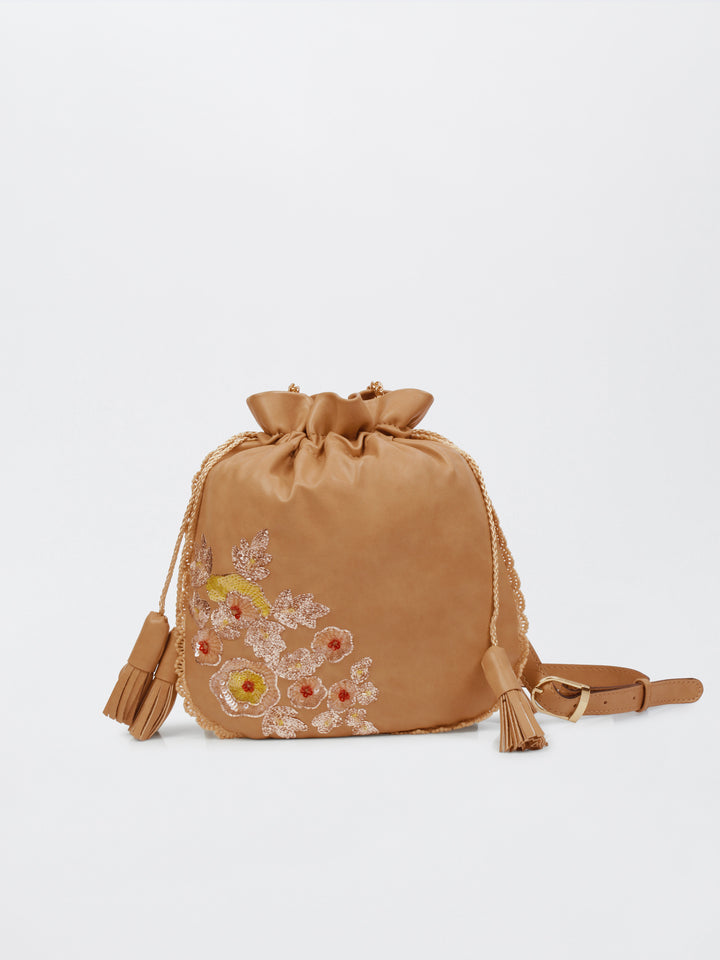 Beige Hand Embroidered Dabka Pitta Roses Potli Bag