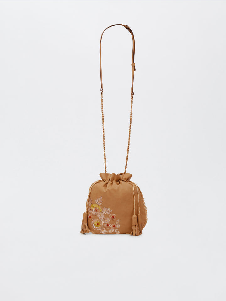 Beige Hand Embroidered Dabka Pitta Roses Potli Bag