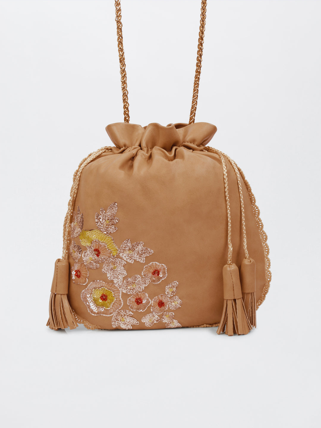 Beige Hand Embroidered Dabka Pitta Roses Potli Bag
