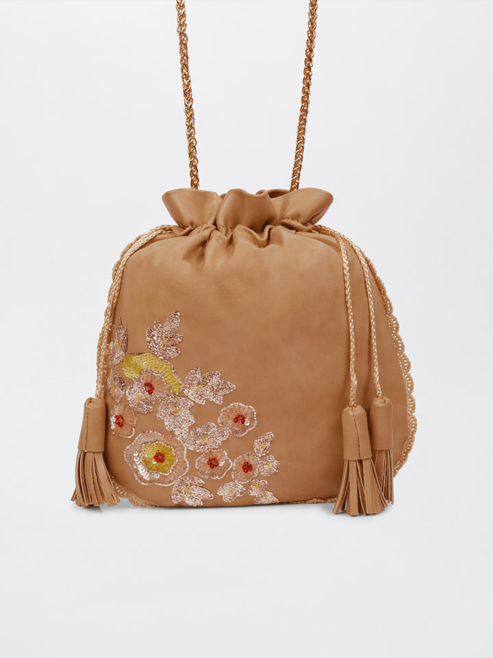 Beige Hand Embroidered Dabka Pitta Roses Potli Bag