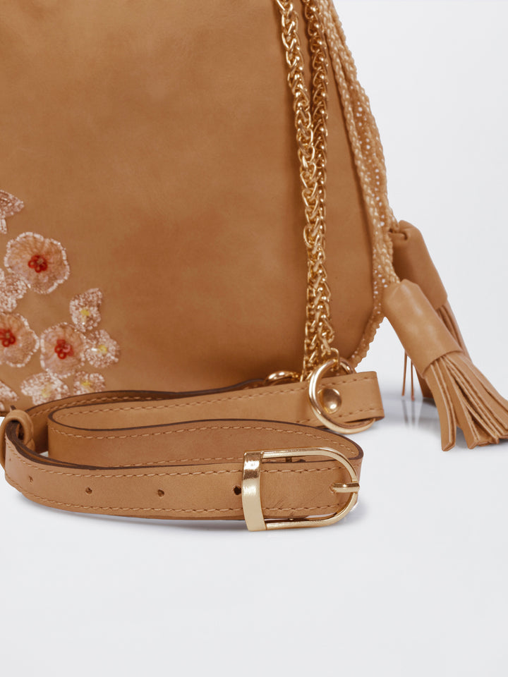 Beige Hand Embroidered Dabka Pitta Roses Potli Bag
