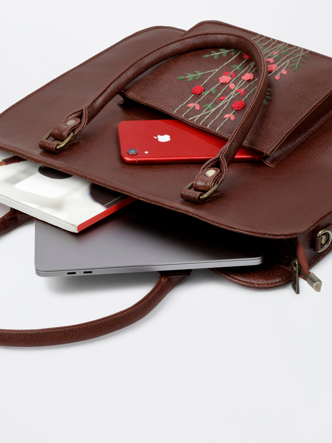 Hand Embroidered Red Rosebuds Laptop Bag