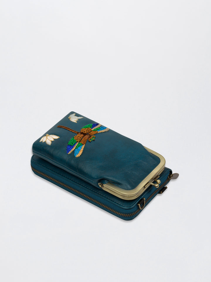 Hand Embroidered Dragonfly 2-in-1 Mobile Wallet Sling
