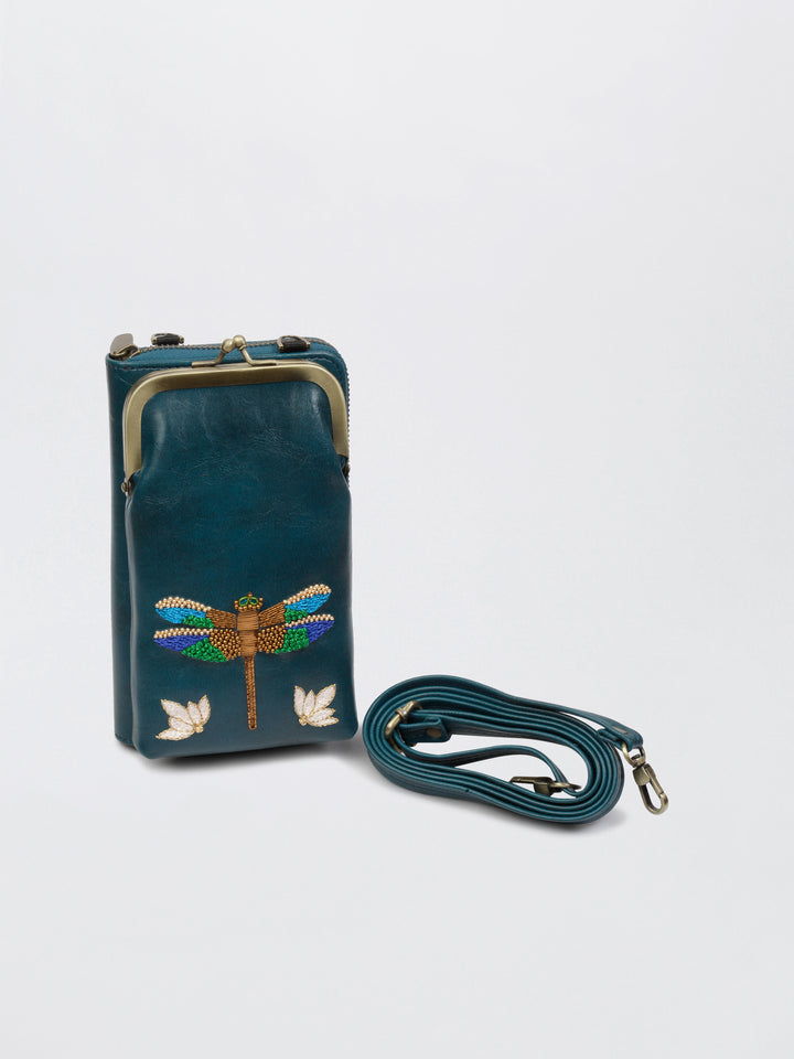 Hand Embroidered Dragonfly 2-in-1 Mobile Wallet Sling