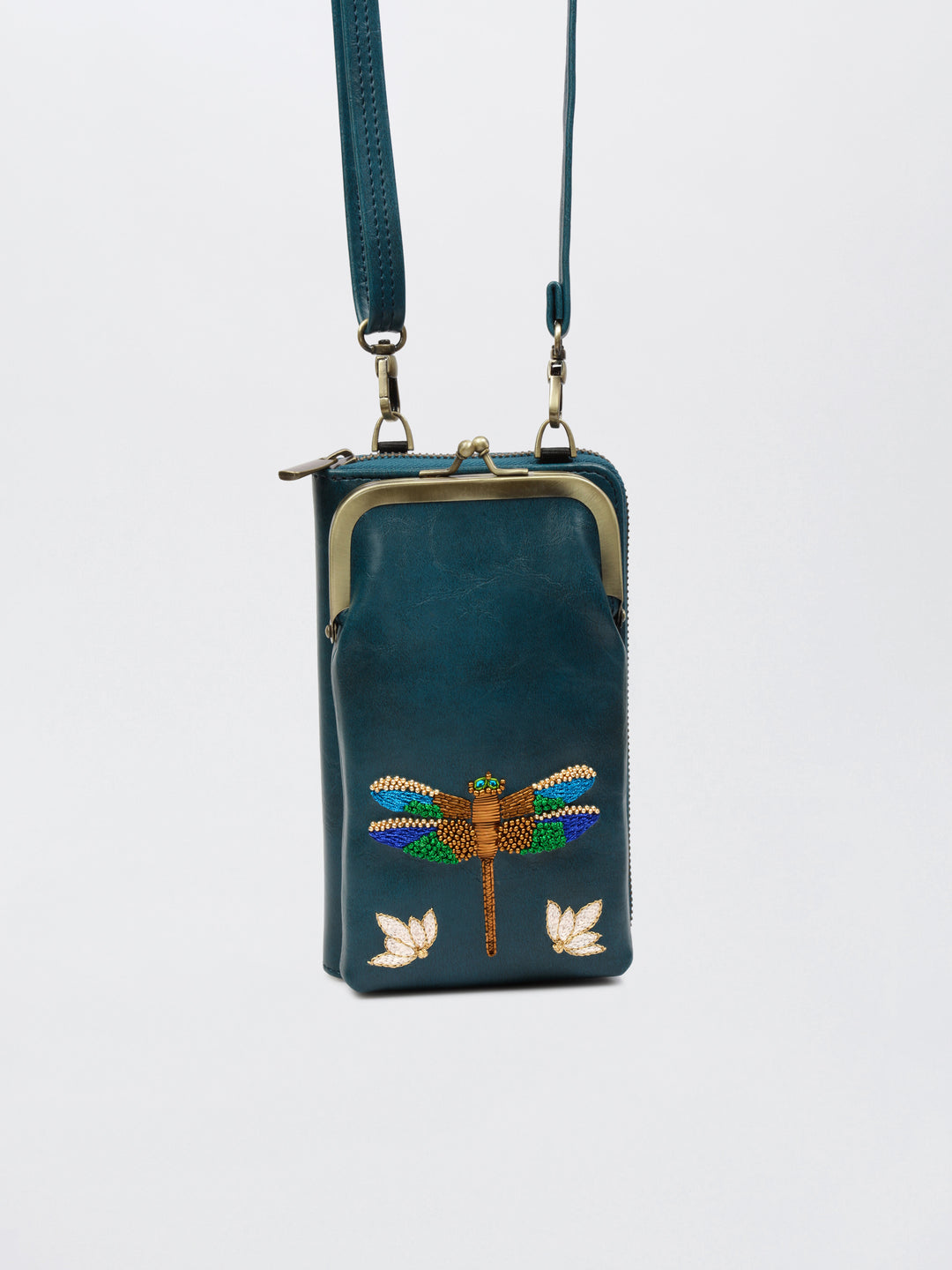 Hand Embroidered Dragonfly 2-in-1 Mobile Wallet Sling