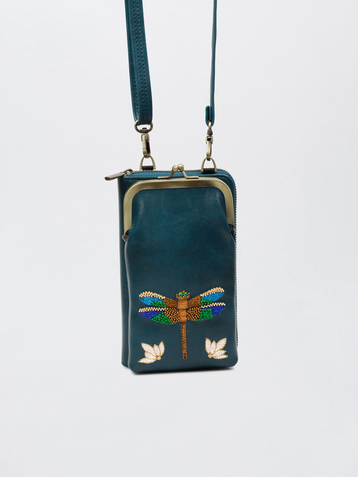 Hand Embroidered Dragonfly 2-in-1 Mobile Wallet Sling