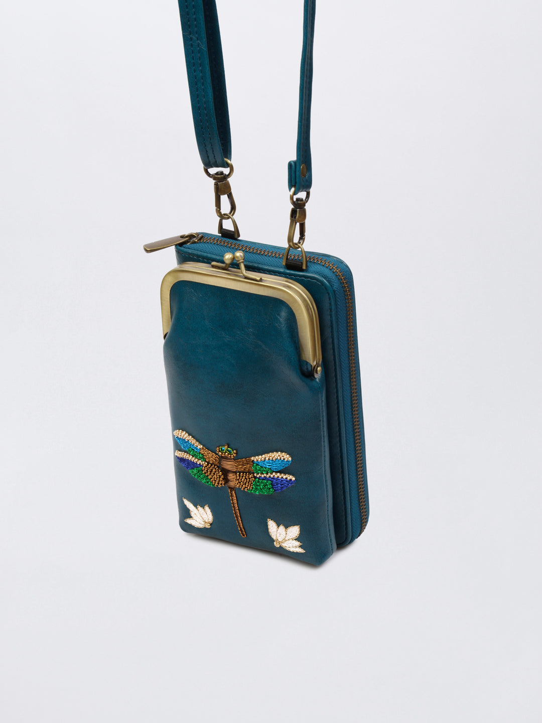 Hand Embroidered Dragonfly 2-in-1 Mobile Wallet Sling