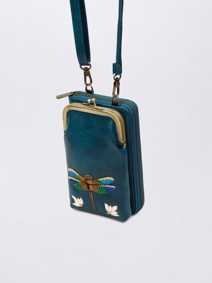 Hand Embroidered Dragonfly 2-in-1 Mobile Wallet Sling