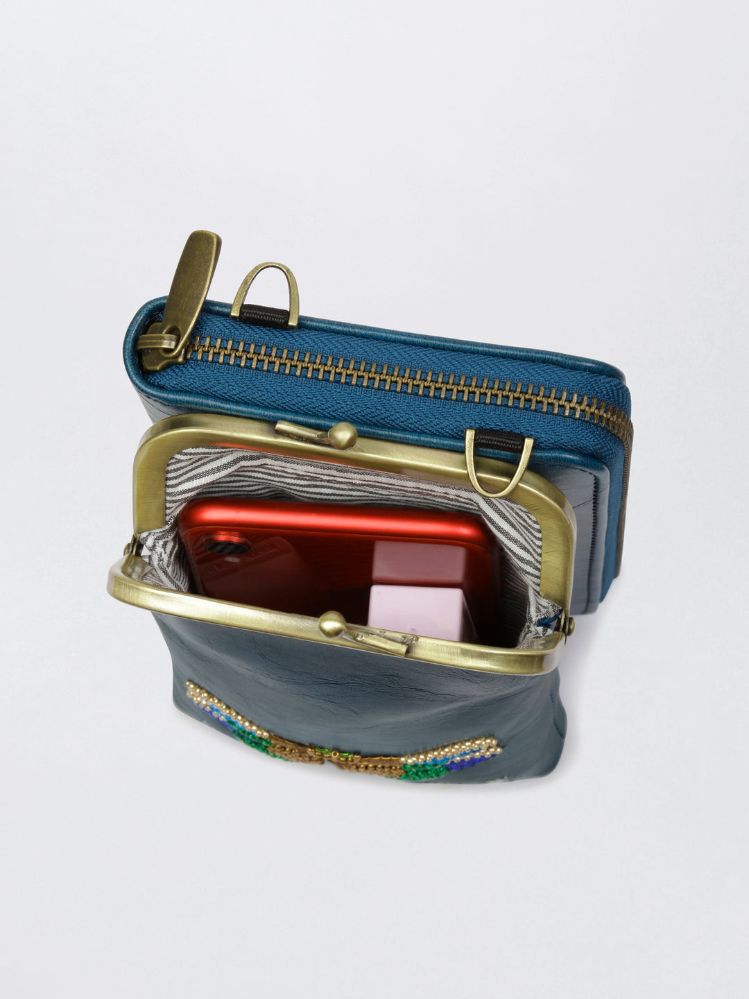 Hand Embroidered Dragonfly 2-in-1 Mobile Wallet Sling
