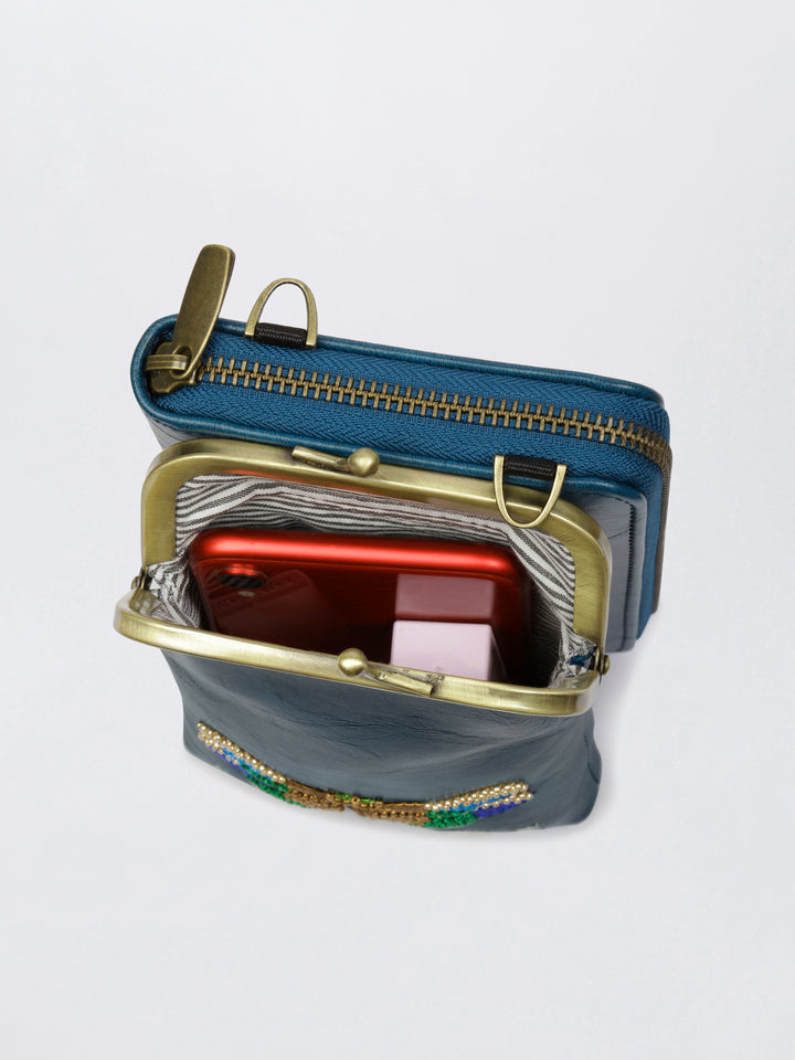 Hand Embroidered Dragonfly 2-in-1 Mobile Wallet Sling