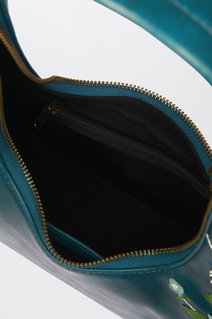 Misty Petals Hand Embroidered Shoulder Bag - Teal