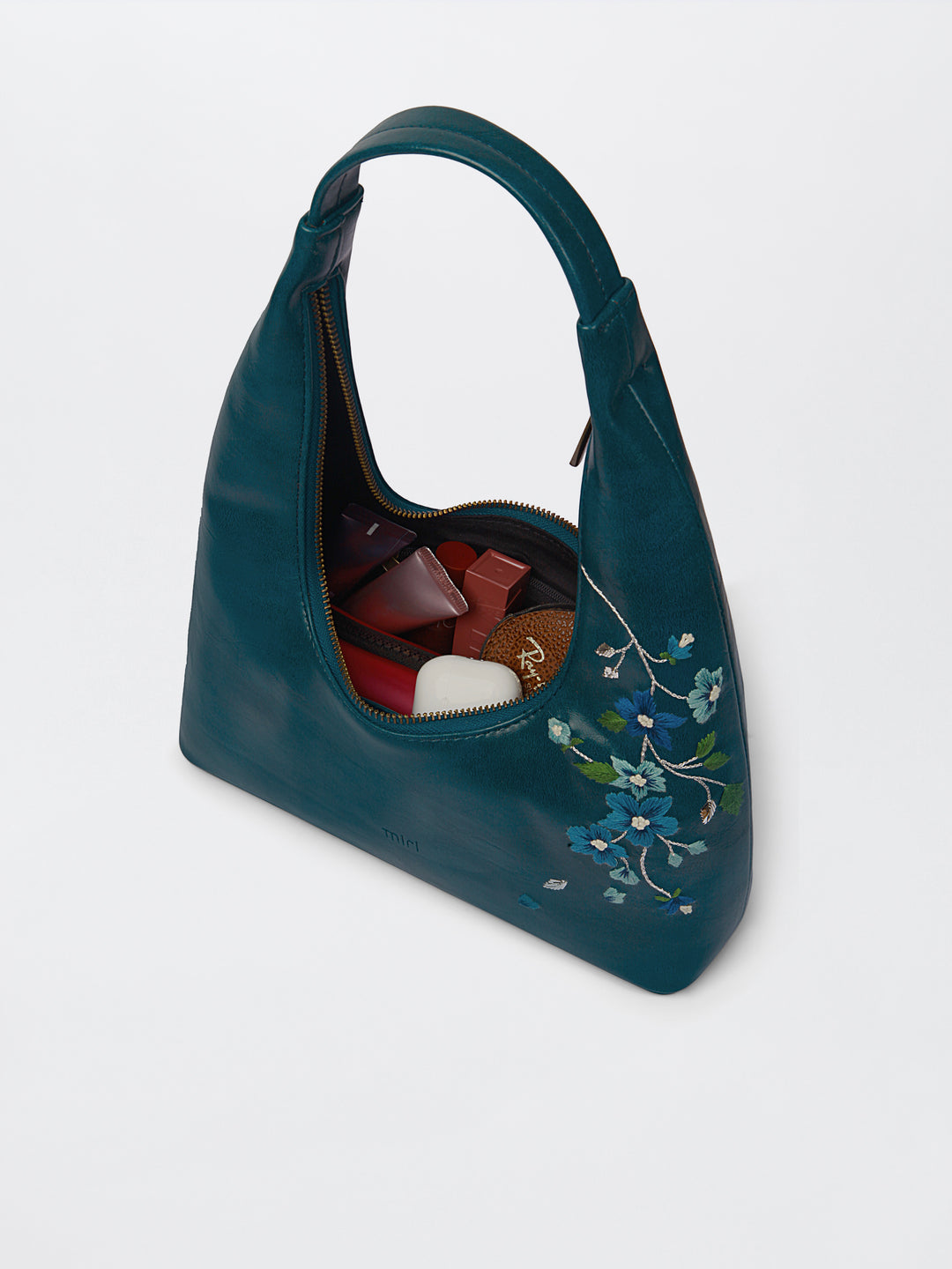 Misty Petals Hand Embroidered Shoulder Bag - Teal