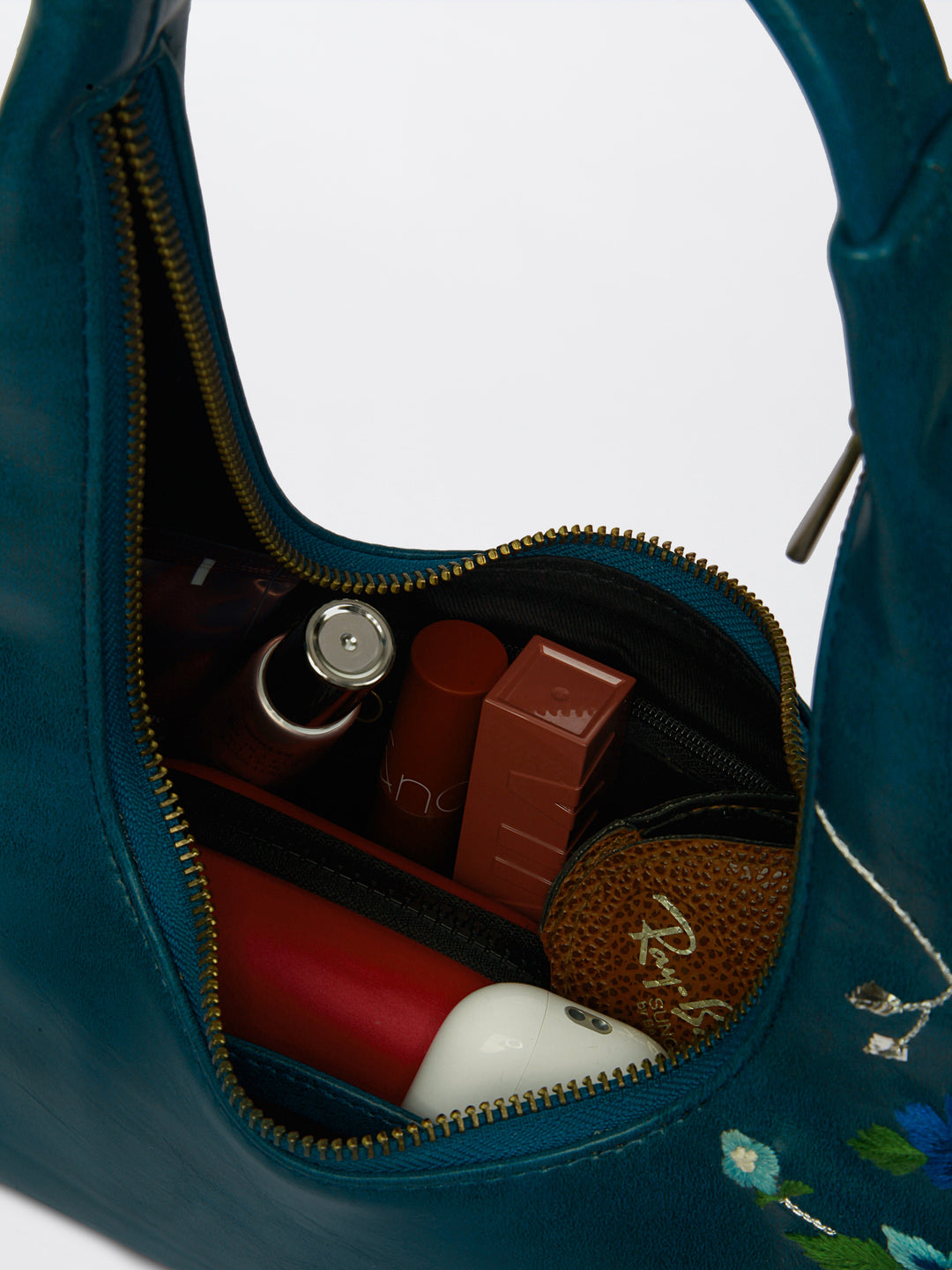 Misty Petals Hand Embroidered Shoulder Bag - Teal