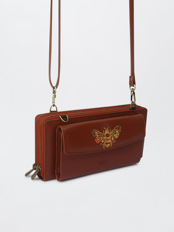 Queenbee Hand Embroidered Wallet Wrist Sling - Brown