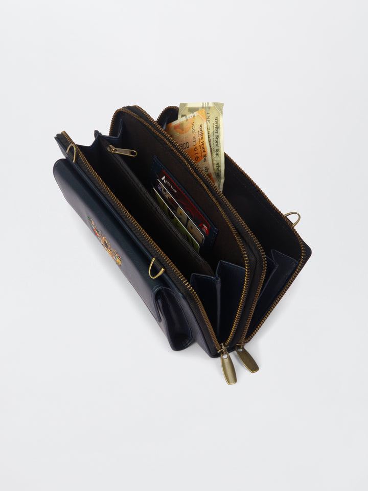 Queenbee Hand Embroidered Wallet. Wrist Sling - Midnight Blue