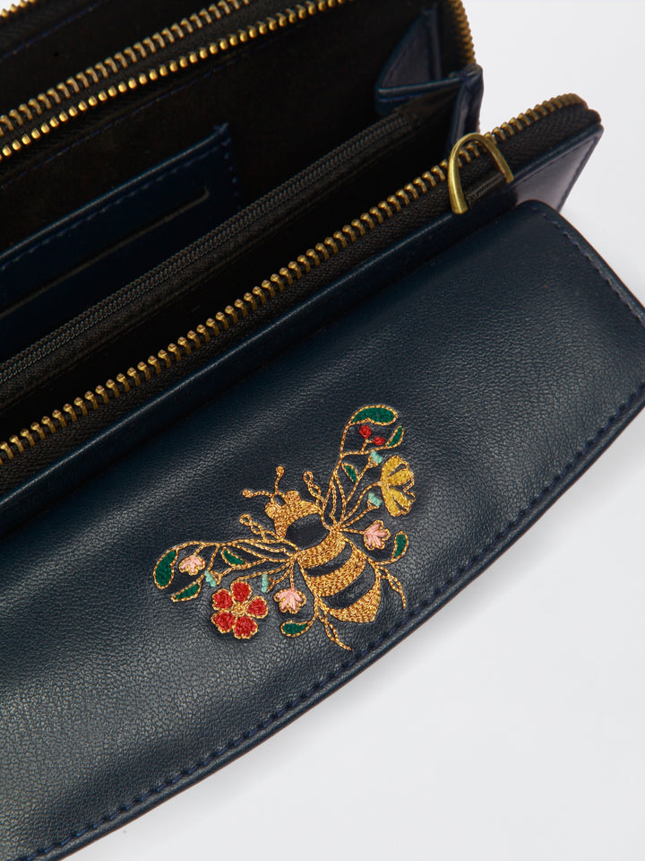 Queenbee Hand Embroidered Wallet. Wrist Sling - Midnight Blue