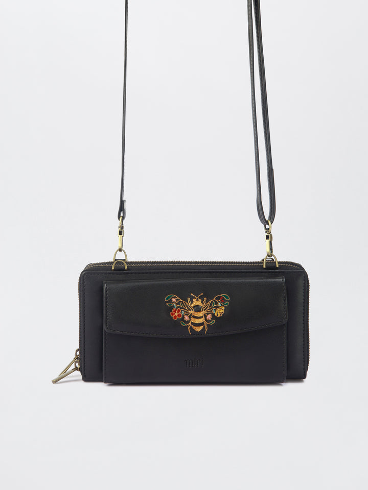 Queenbee Hand Embroidered Wallet. Wrist Sling - Midnight Black