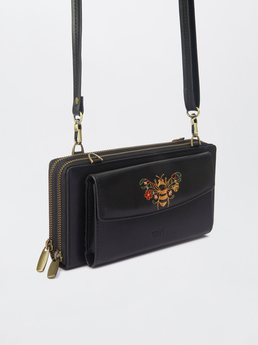 Queenbee Hand Embroidered Wallet. Wrist Sling - Midnight Black