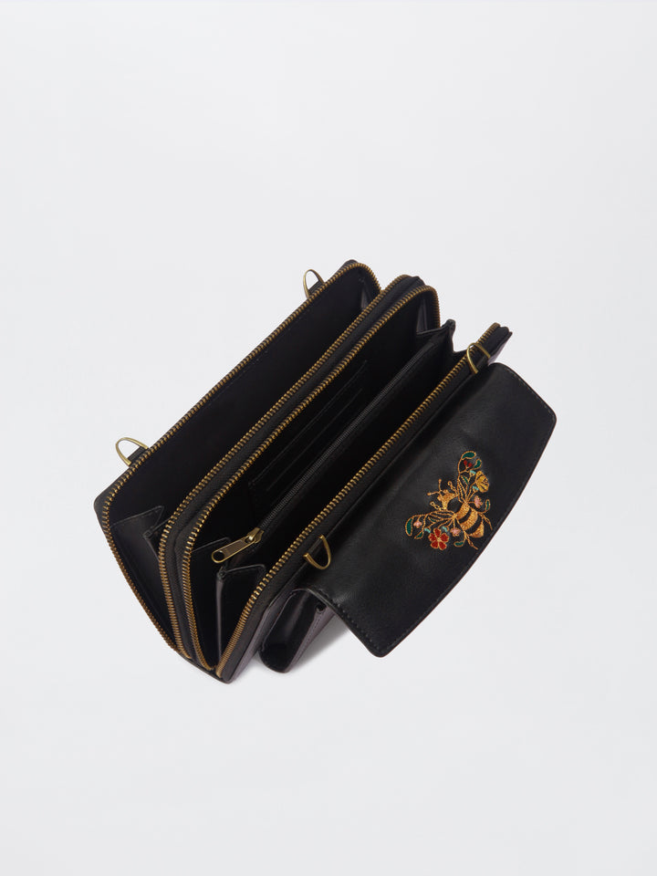 Queenbee Hand Embroidered Wallet. Wrist Sling - Midnight Black