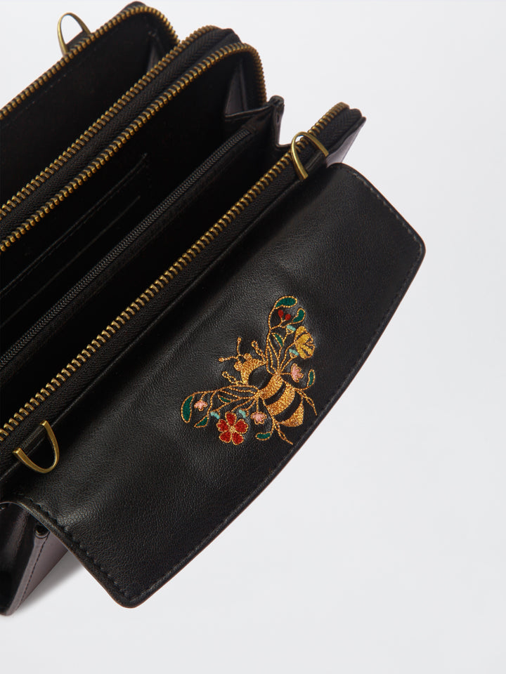 Queenbee Hand Embroidered Wallet. Wrist Sling - Midnight Black