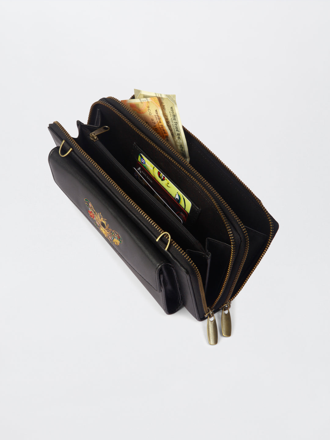 Queenbee Hand Embroidered Wallet. Wrist Sling - Midnight Black