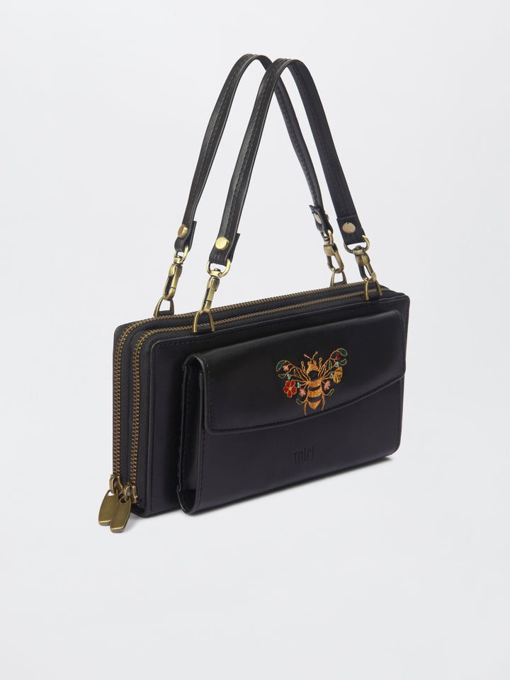 Queenbee Hand Embroidered Wallet. Wrist Sling - Midnight Black