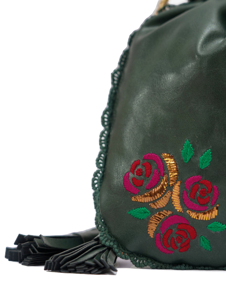 Green Hand Embroidered Roses Potli Bag