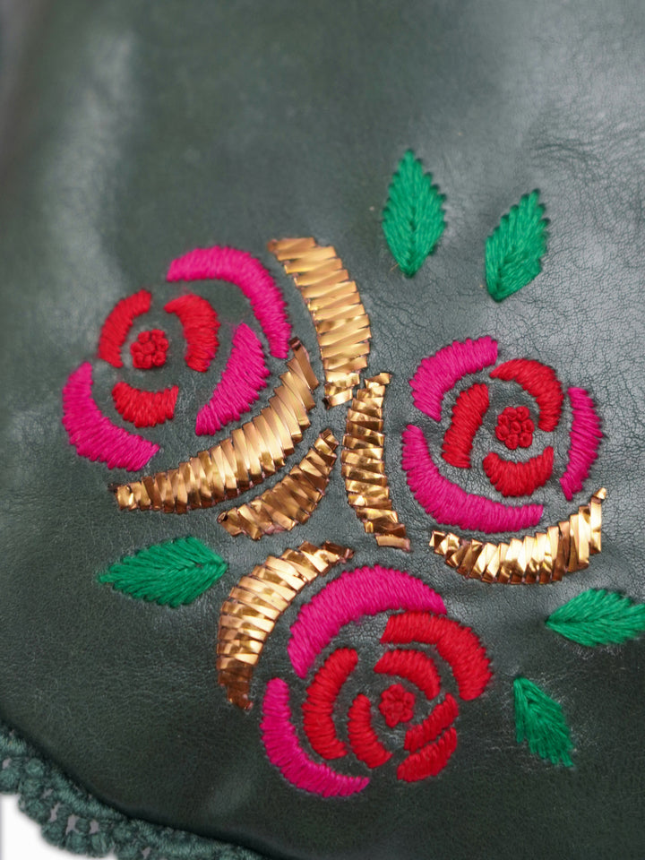 Green Hand Embroidered Roses Potli Bag