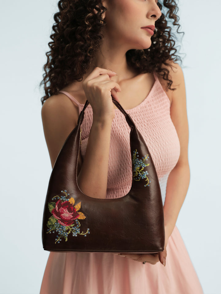 Nilgiri Dawn Cross Stitched Shoulder Bag - Brown
