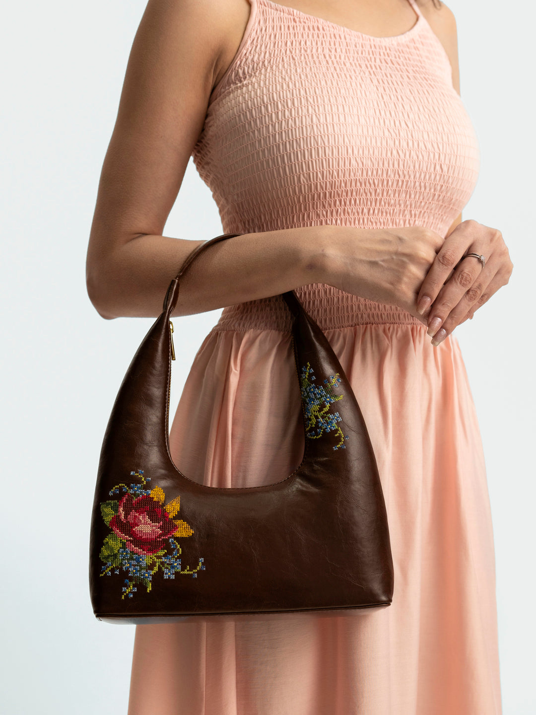 Nilgiri Dawn Cross Stitched Shoulder Bag - Brown