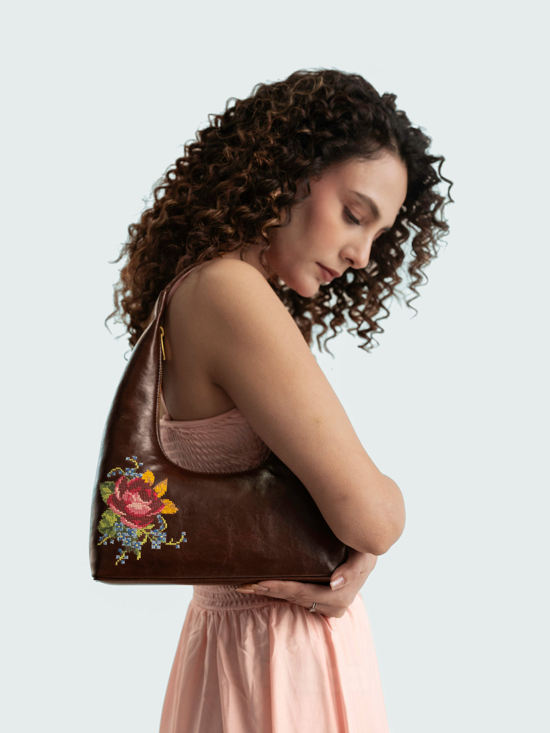 Nilgiri Dawn Cross Stitched Shoulder Bag - Brown