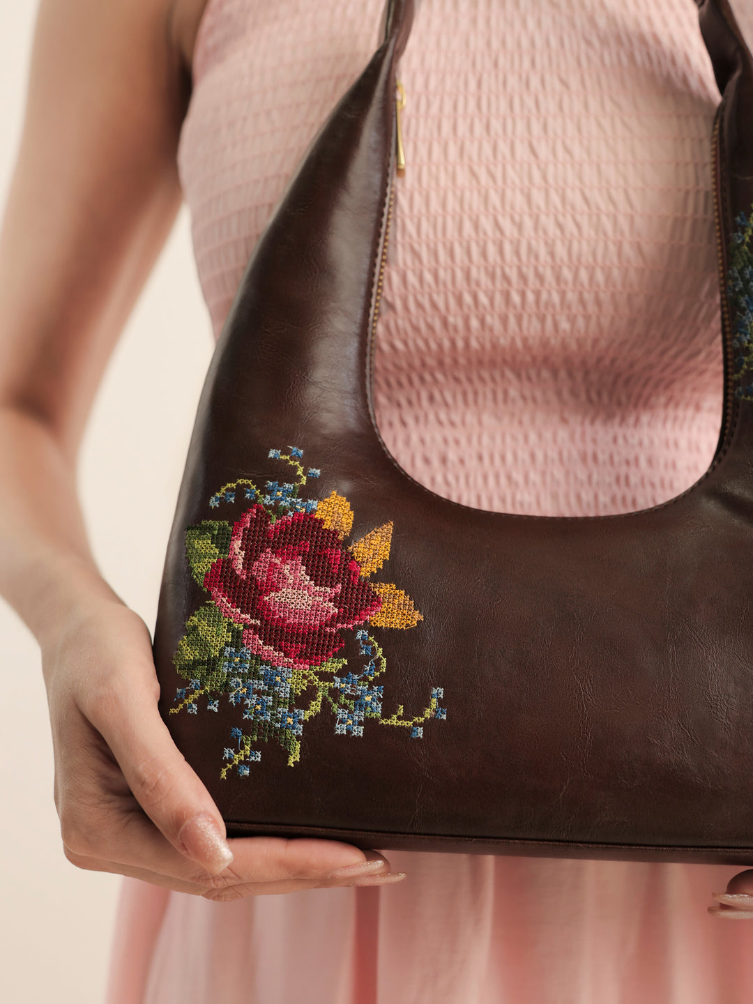 Nilgiri Dawn Cross Stitched Shoulder Bag - Brown