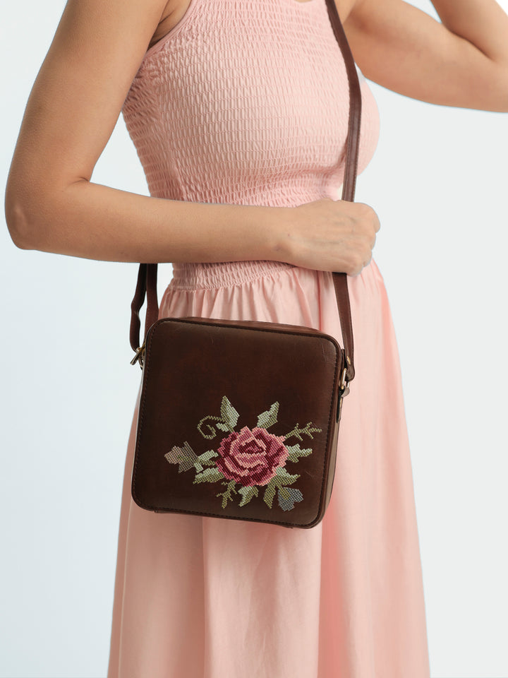 Mountain Bride Cross Stitched Sqare Sling - Brown