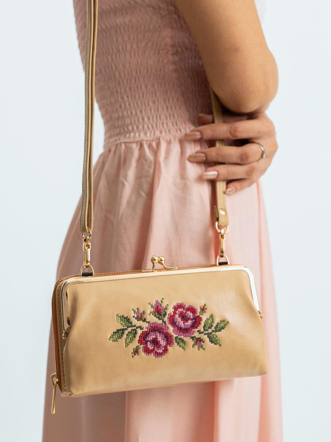 Coonoor Dream Cross Stitched Mobile Sling - Beige