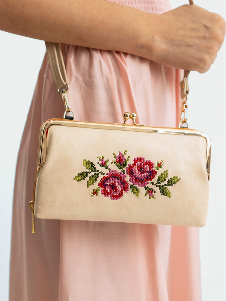 Coonoor Dream Cross Stitched Mobile Wallet Sling - Off White