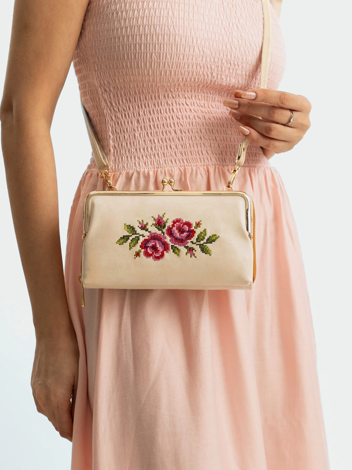 Coonoor Dream Cross Stitched Mobile Wallet Sling - Off White