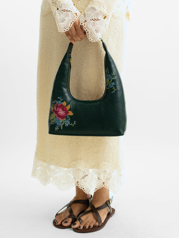Nilgiri Dawn Cross Stitched Shoulder Bag- Emerald Green