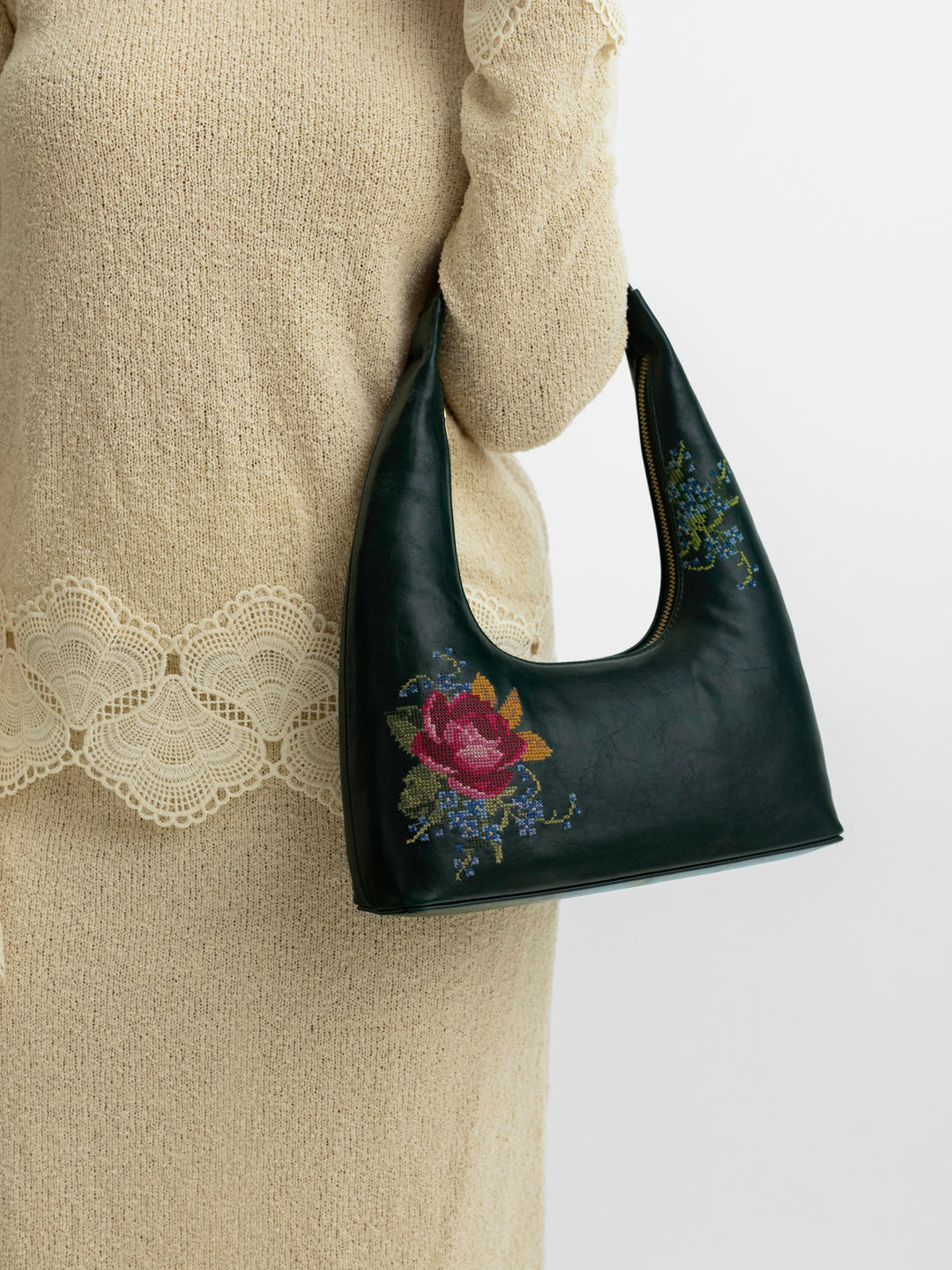 Nilgiri Dawn Cross Stitched Shoulder Bag- Emerald Green