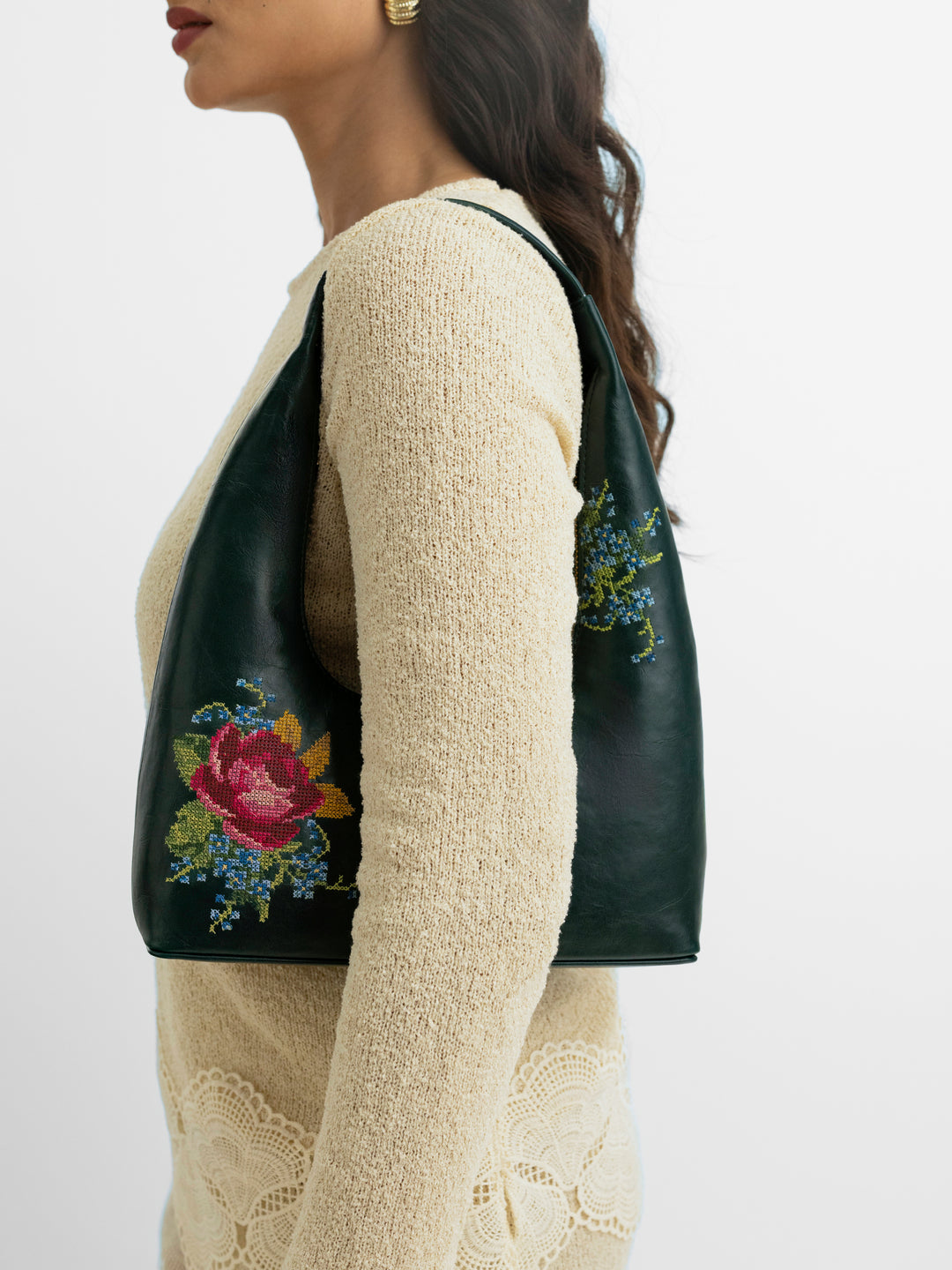 Nilgiri Dawn Cross Stitched Shoulder Bag- Emerald Green