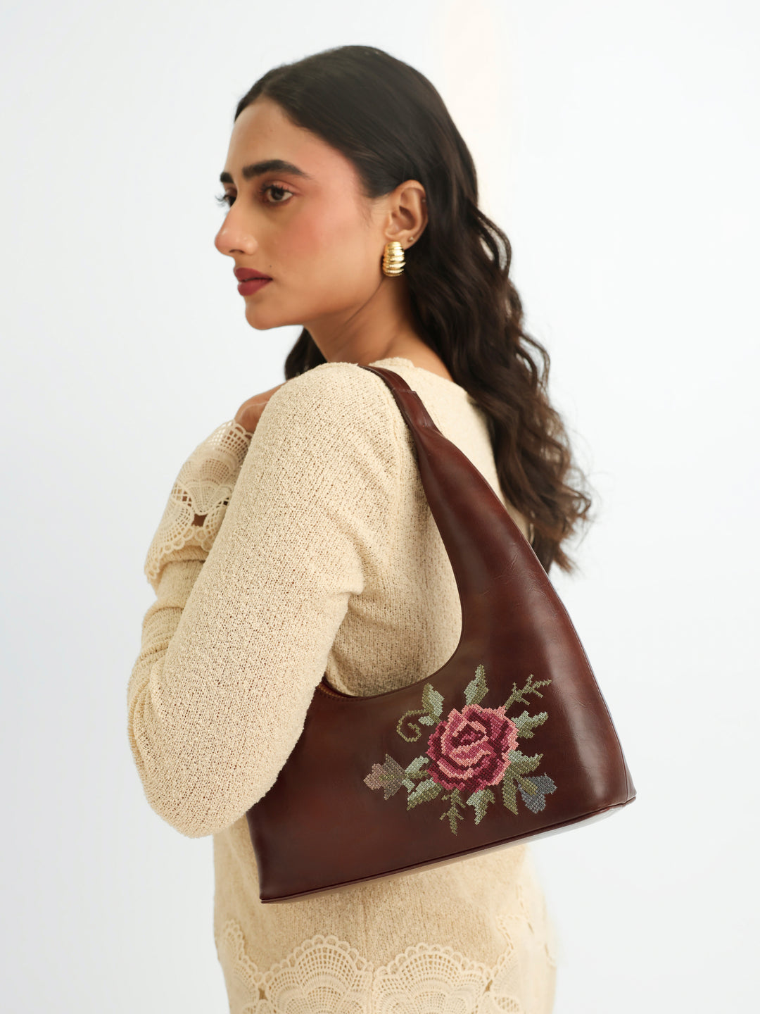 Mountain Bride Cross Stitched Shoulder Bag - Brown