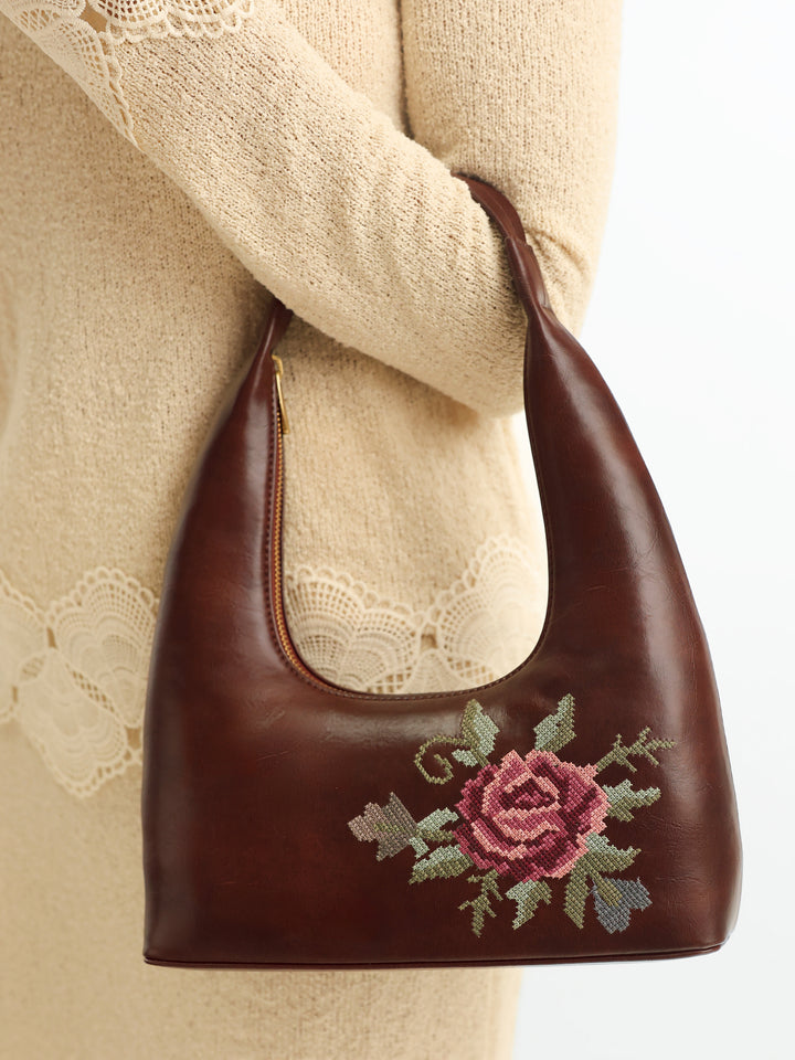 Mountain Bride Cross Stitched Shoulder Bag - Brown