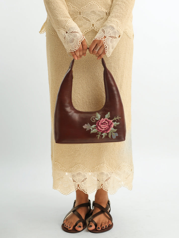 Mountain Bride Cross Stitched Shoulder Bag - Brown