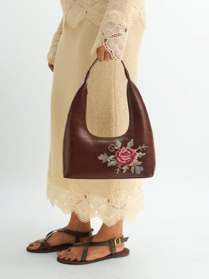 Mountain Bride Cross Stitched Shoulder Bag - Brown