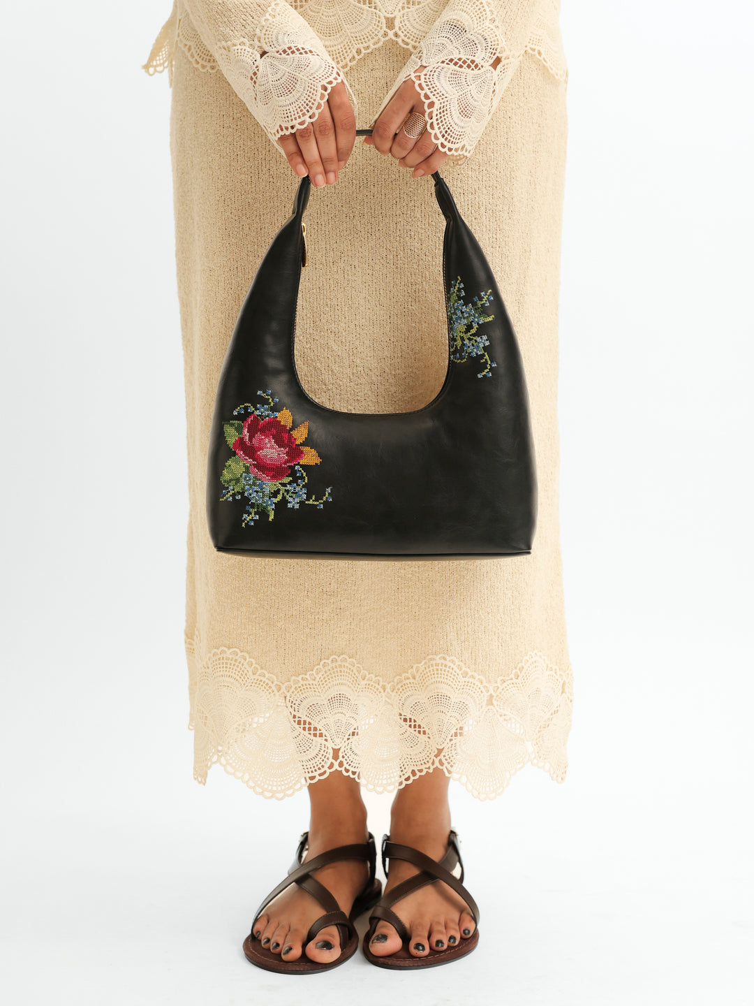 Nilgiri Dawn Cross Stitched Shoulder Bag - Black