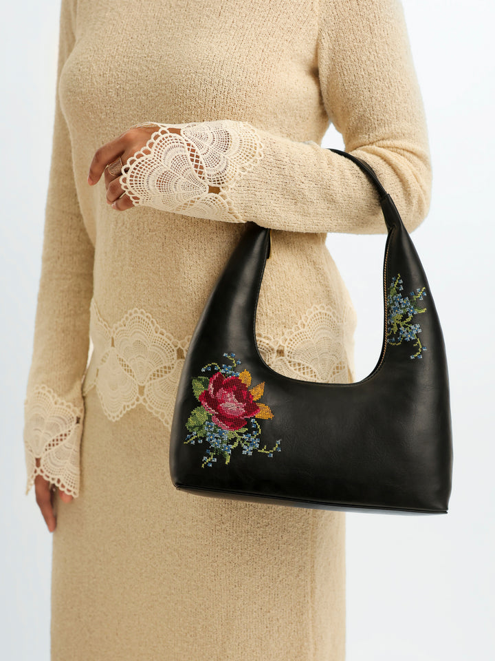 Nilgiri Dawn Cross Stitched Shoulder Bag - Black