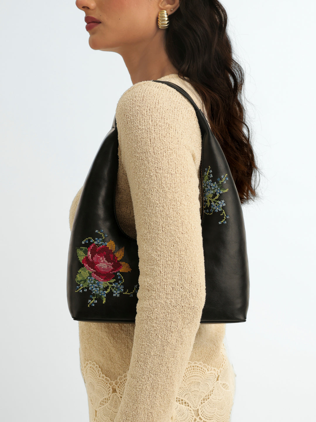 Nilgiri Dawn Cross Stitched Shoulder Bag - Black